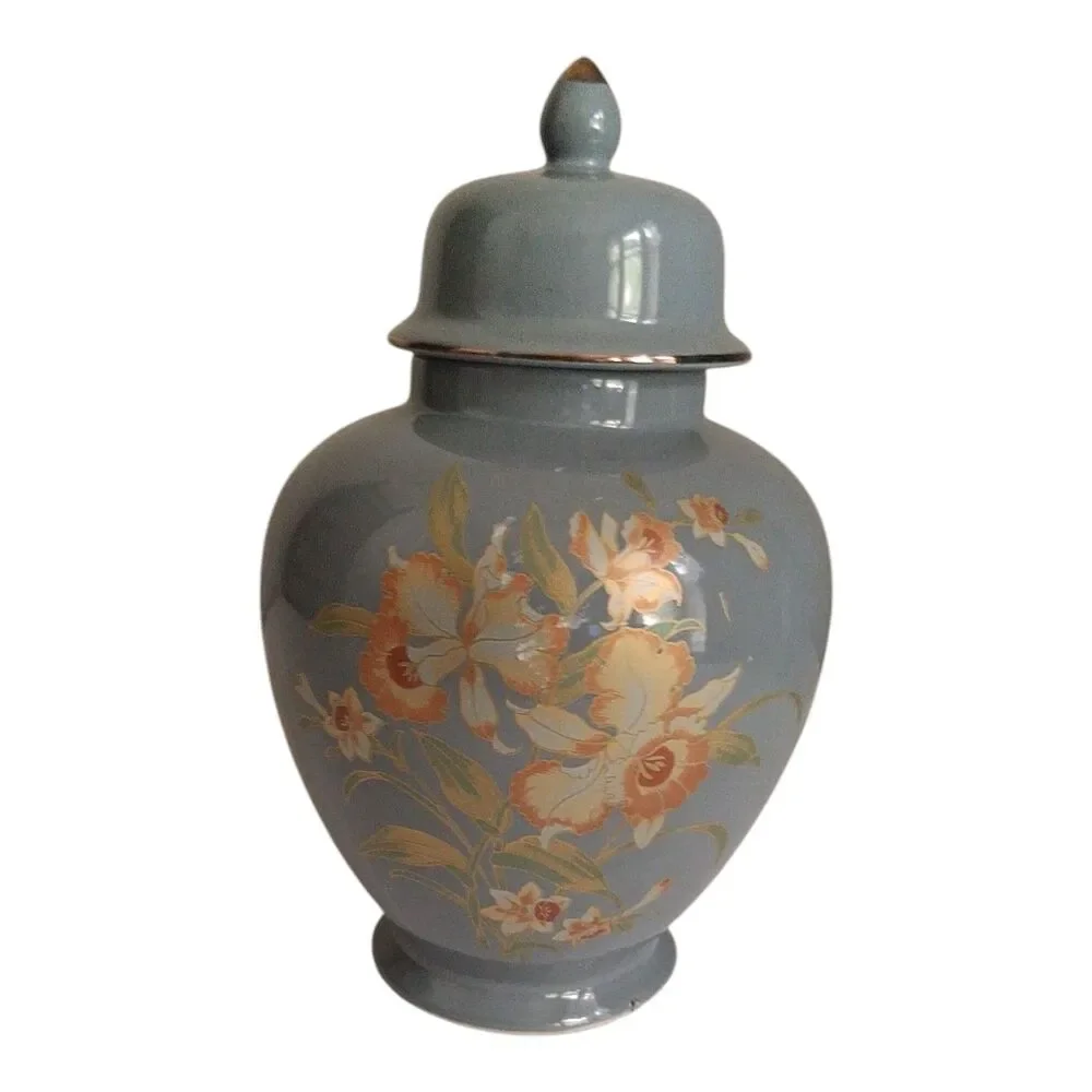 Ginger Jar Japanese With Lid Floral Bluish Grey Vintage